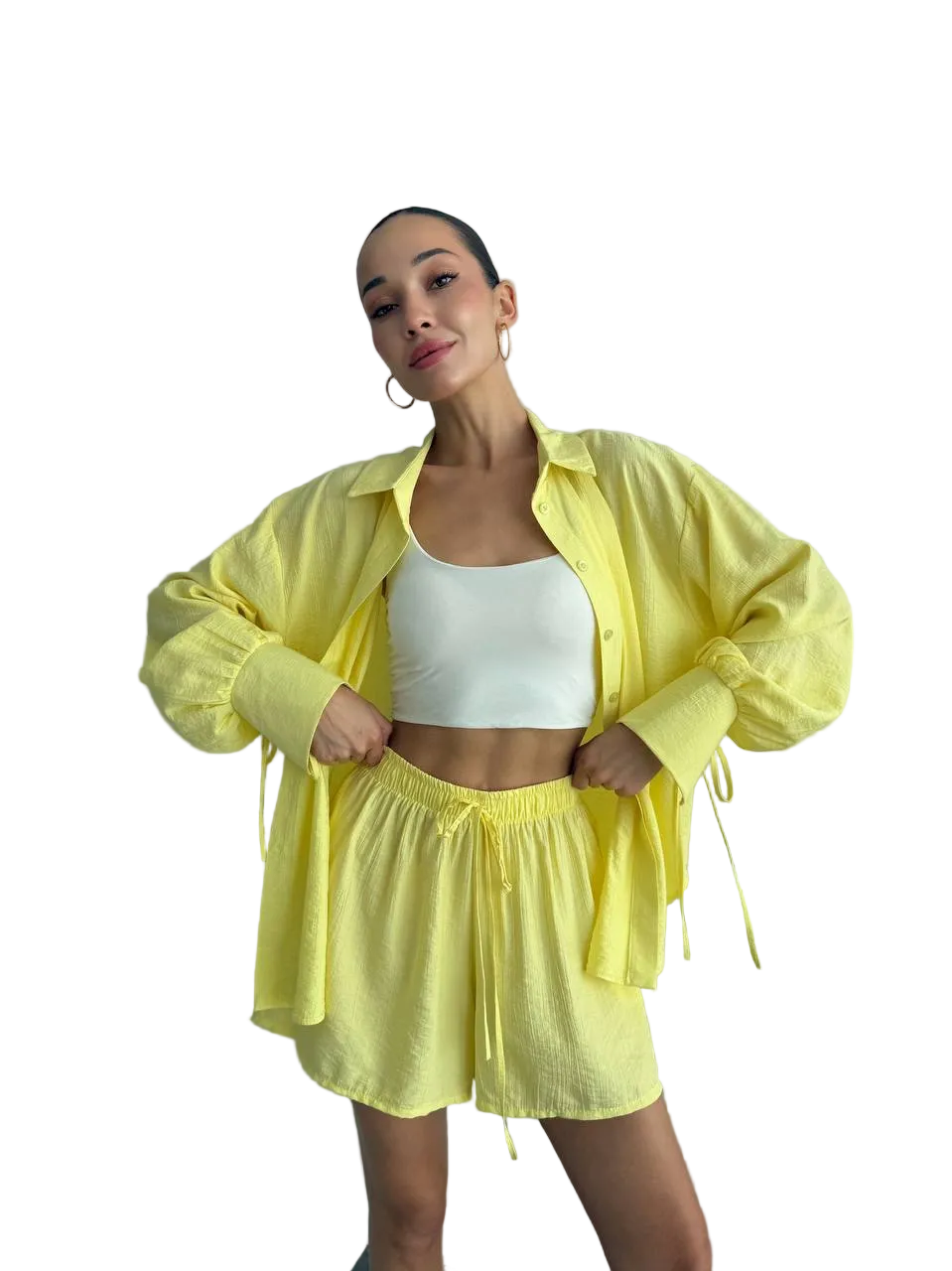 Yellow Cotton Crinkle Two Piece Set Women Oversized Shirt With Ties And Elastic Waist Shorts Breathable Summer Loungewear