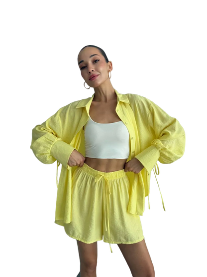 Yellow Cotton Crinkle Two Piece Set Women Oversized Shirt With Ties And Elastic Waist Shorts Breathable Summer Loungewear