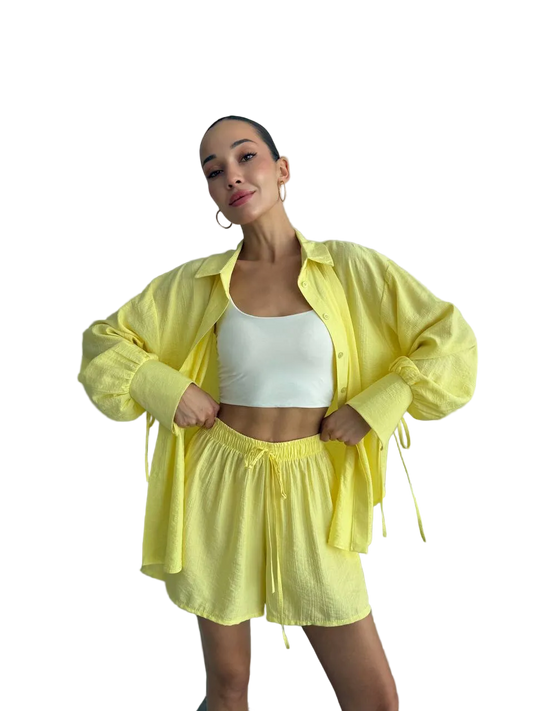 Yellow Cotton Crinkle Two Piece Set Women Oversized Shirt With Ties And Elastic Waist Shorts Breathable Summer Loungewear