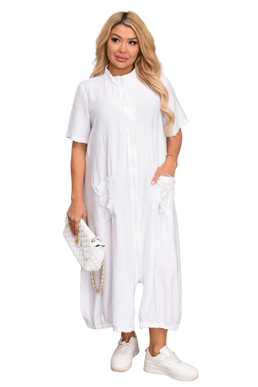 Plus Size Crinkled Linen Dress White Casual Zipper Front Pockets Drawstring Back Elastic Hem