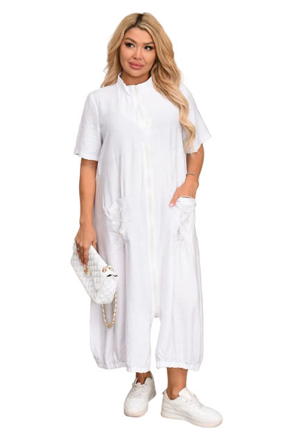 Plus Size Crinkled Linen Dress White Casual Zipper Front Pockets Drawstring Back Elastic Hem