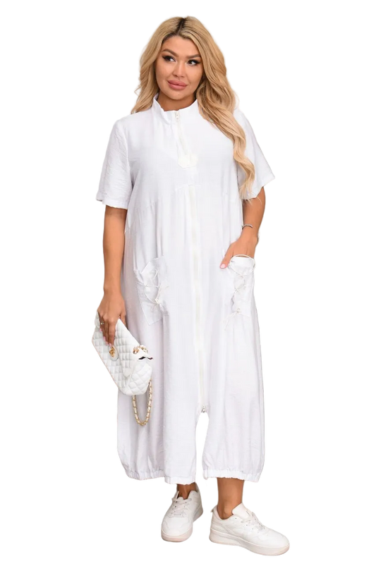 Plus Size Crinkled Linen Dress White Casual Zipper Front Pockets Drawstring Back Elastic Hem