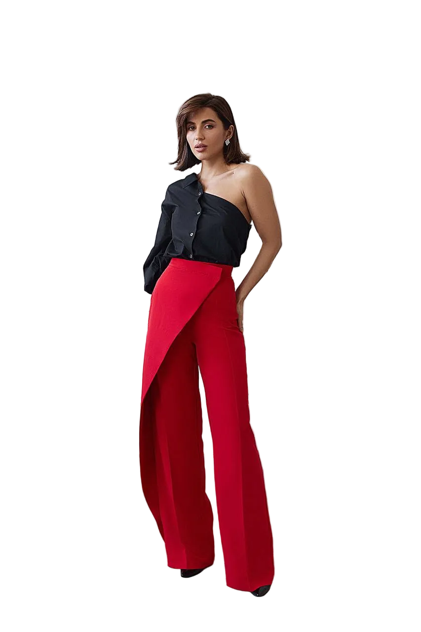 Red High Waist Wide Leg Trousers with Draped Overlay Diagonal Crepe