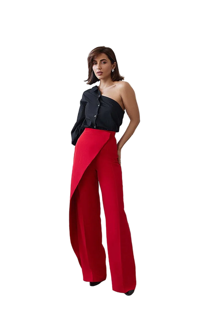 Red High Waist Wide Leg Trousers with Draped Overlay Diagonal Crepe