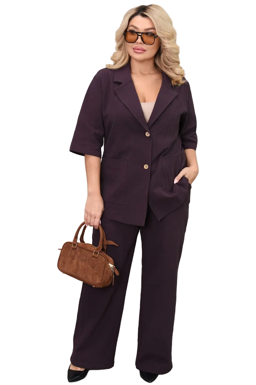 Plum Linen Crepe Pantsuit Women Plus Size Relaxed Blazer Wide Leg Trousers