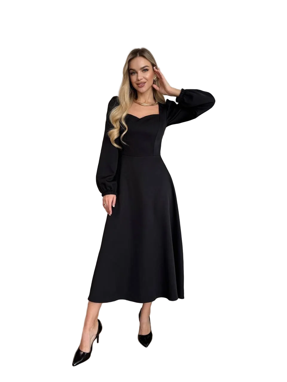 Black Midi Dress Heart Neckline Puff Sleeves Fitted Waist Suiting Fabric