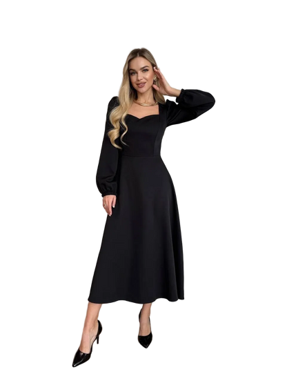 Black Midi Dress Heart Neckline Puff Sleeves Fitted Waist Suiting Fabric