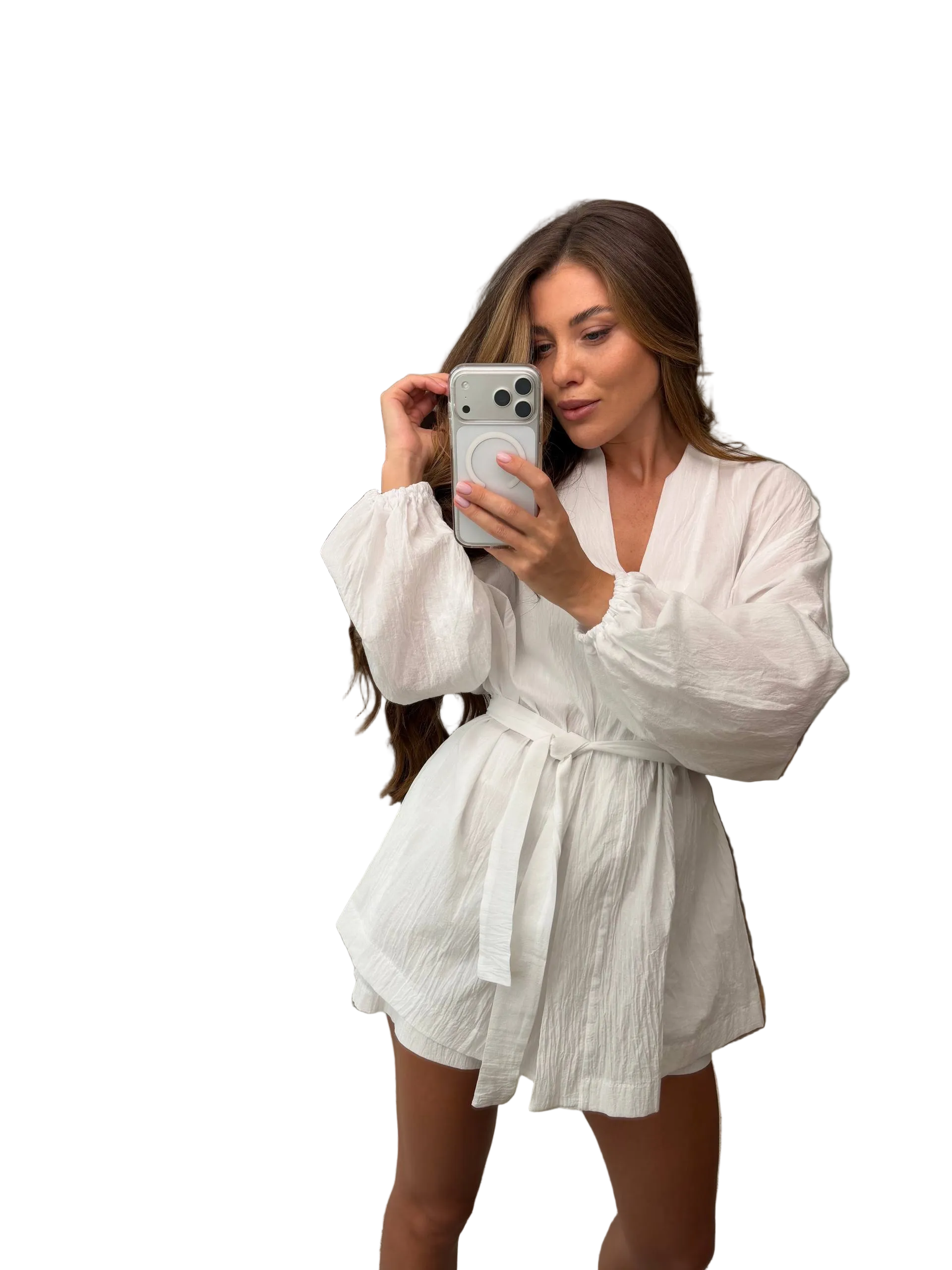 White Cotton Batiste Three Piece Suit for Women Breathable Summer Set Shorts Top Shirt