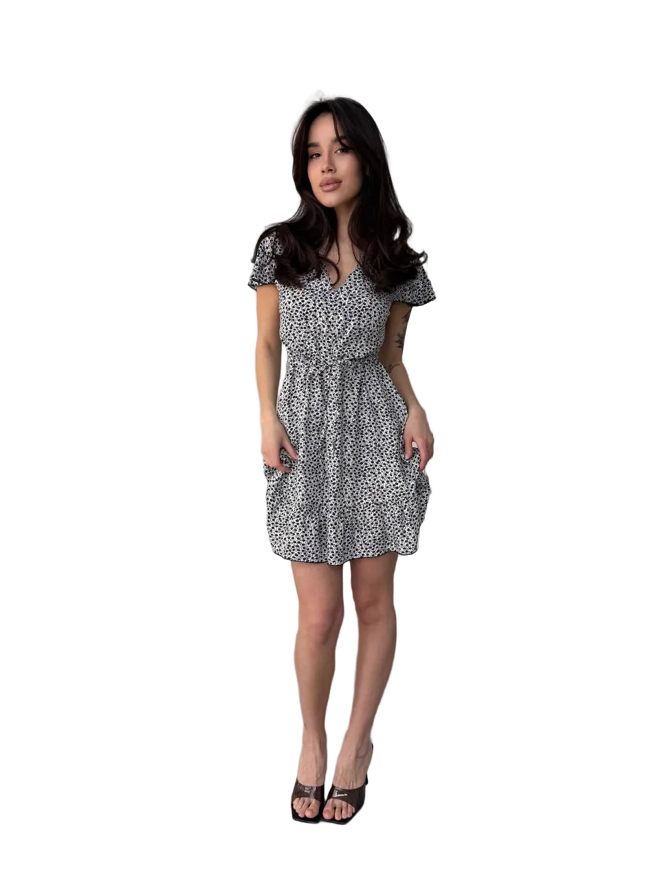 V Neck Drawstring Waist Short Sleeve Dress White Black Print