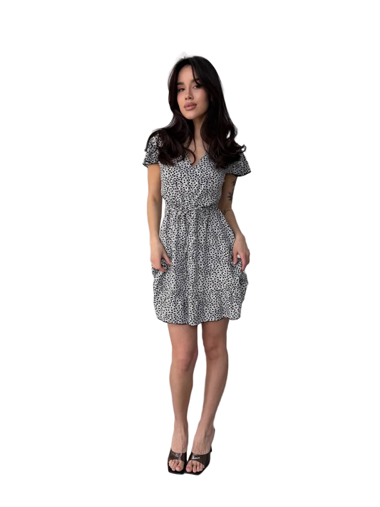 V Neck Drawstring Waist Short Sleeve Dress White Black Print