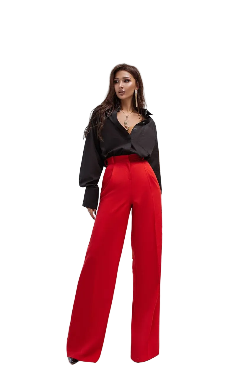 Red Palazzo Pants Wide Leg High Waist Diagonal Crepe