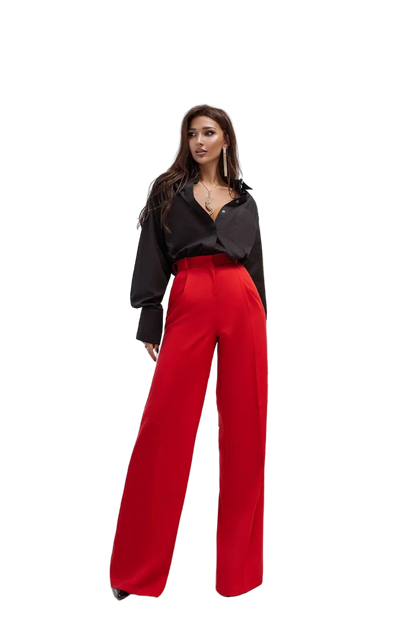 Red Palazzo Pants Wide Leg High Waist Diagonal Crepe