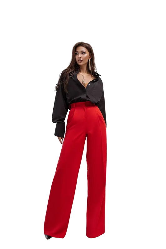 Red Palazzo Pants Wide Leg High Waist Diagonal Crepe