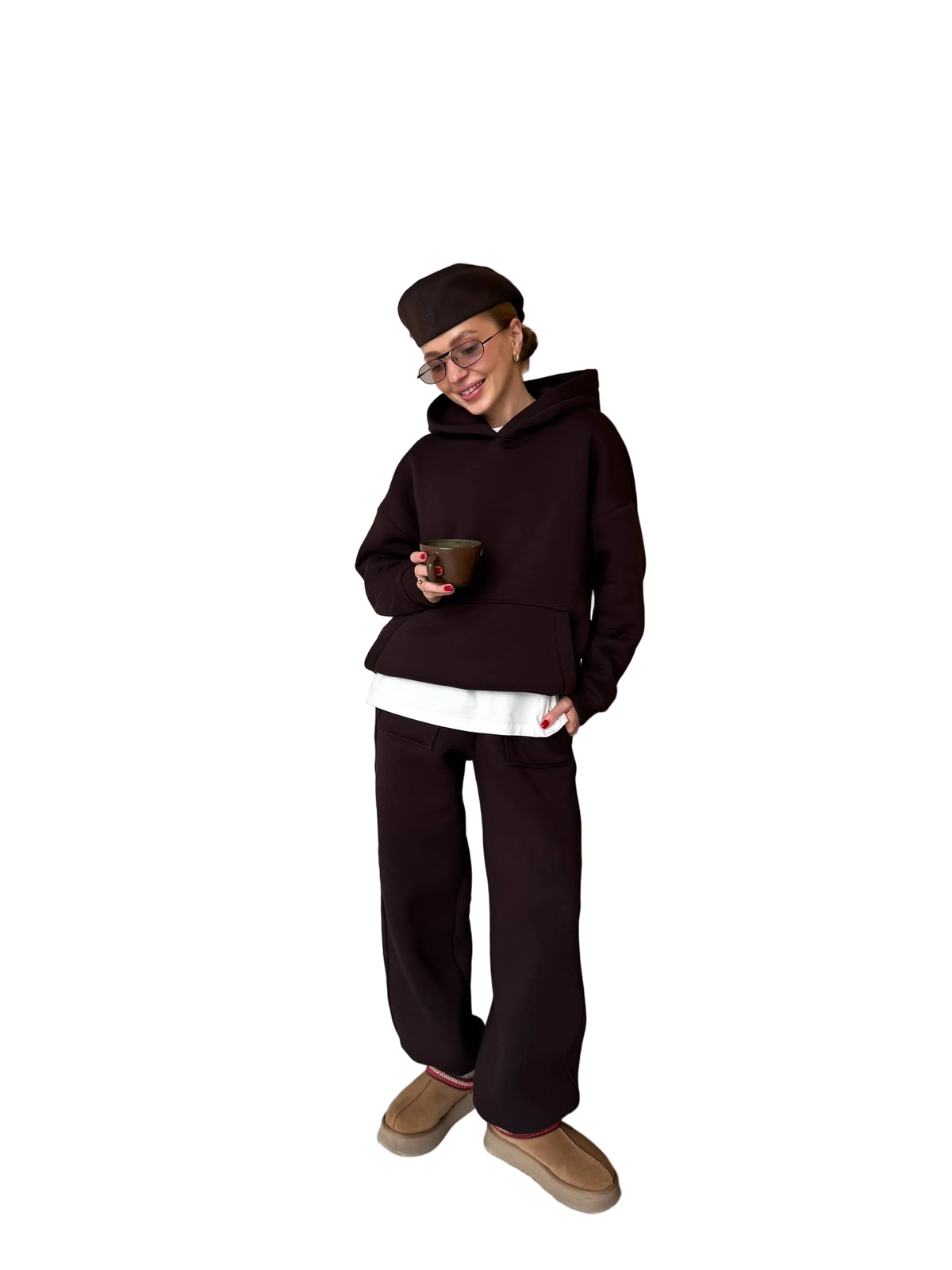Brown Fleece Tracksuit Hoodie and Pants Soft Cotton Blend Loungewear