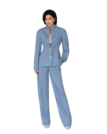 Womens Tailored Two Piece Suit with Stand Collar Jacket and Wide Leg Trousers