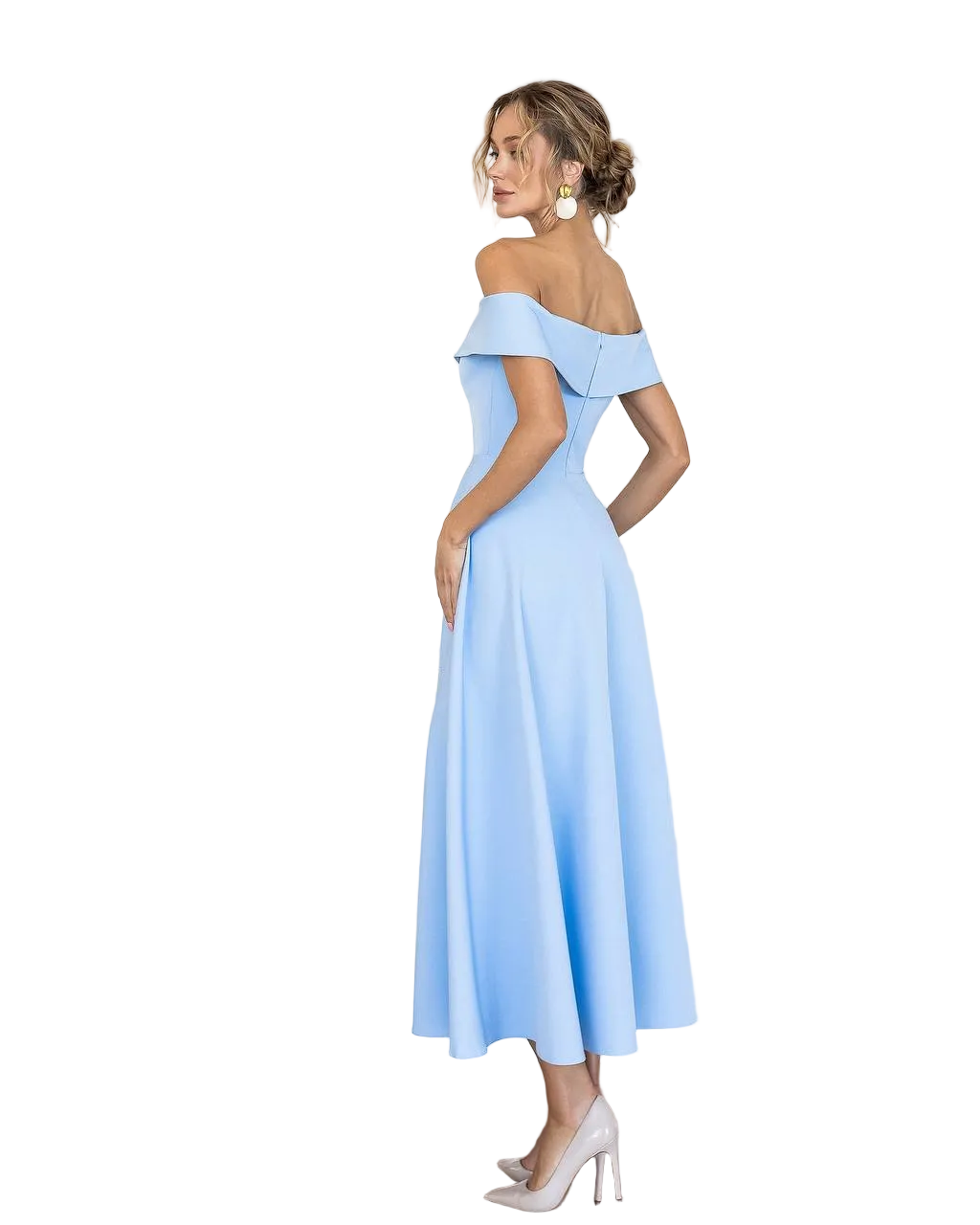 Light Blue Off Shoulder Midi Dress Premium Suiting Fabric Elegant A Line Silhouette