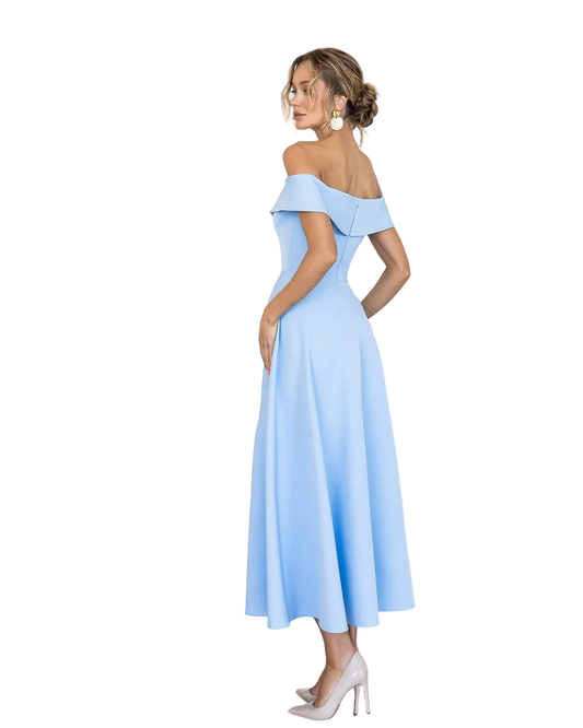 Light Blue Off Shoulder Midi Dress Premium Suiting Fabric Elegant A Line Silhouette