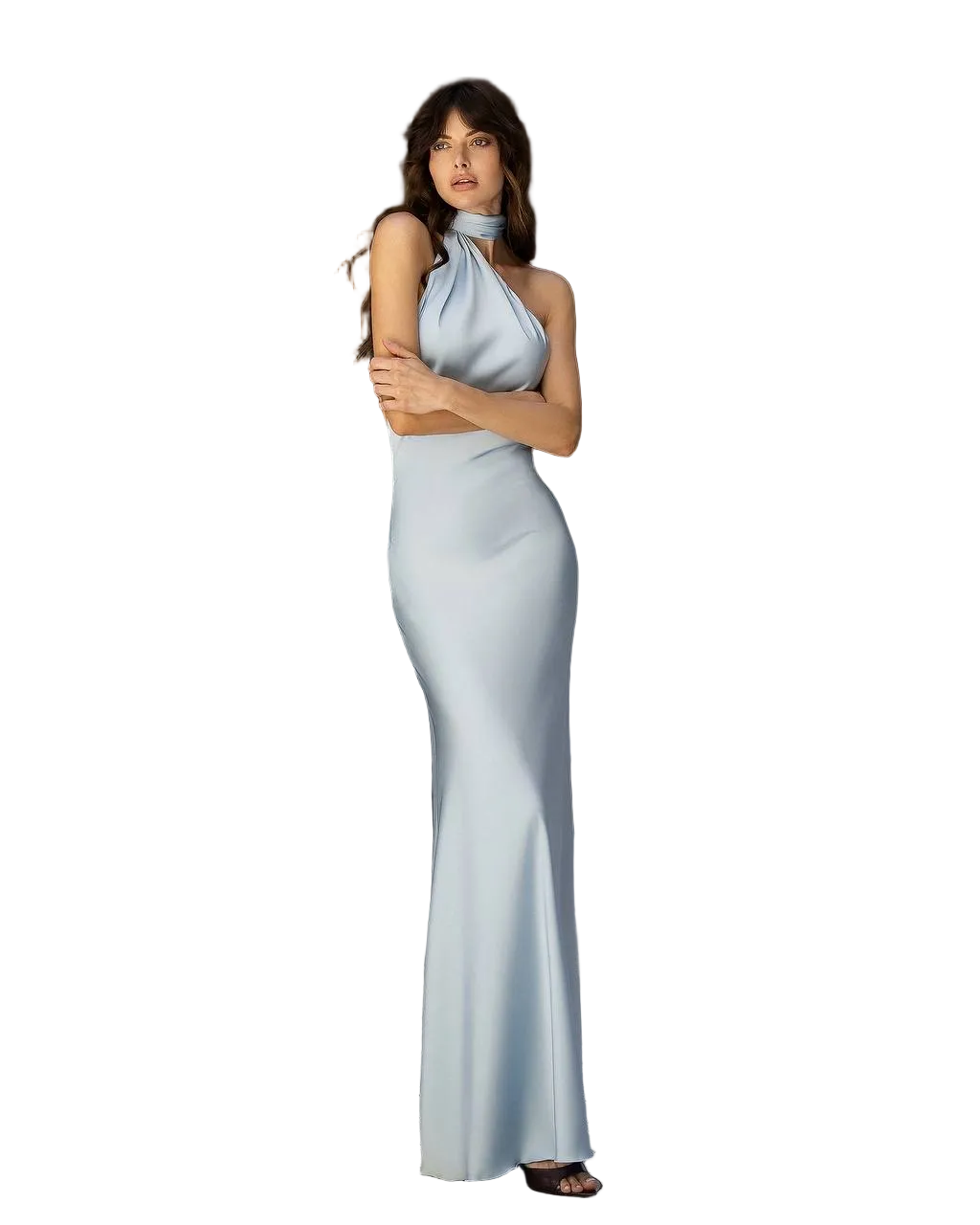 Womens Maxi Evening Dress with Halter Neck in Suiting Satin