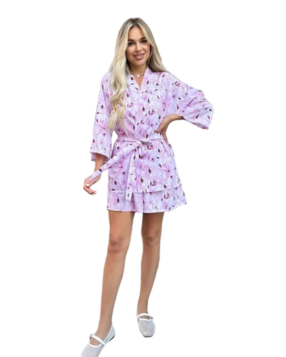 Lilac Floral Kimono Two Piece Suit Women Super Soft Shorts Set