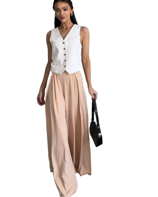 High Waist Beige Palazzo Trousers Lightweight Wide Leg Summer Pants