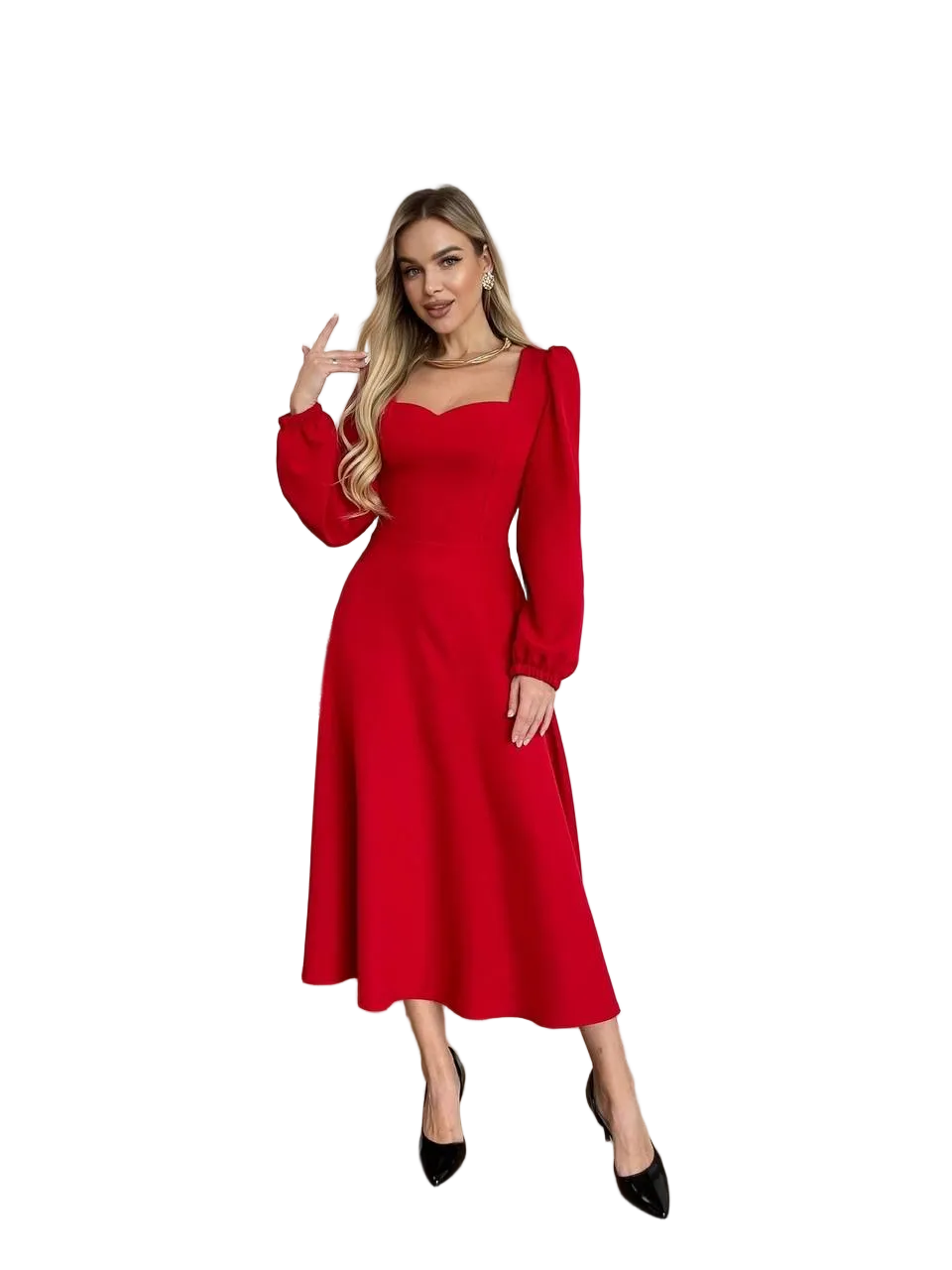 Red Midi Dress Sweetheart Neckline Puff Long Sleeves Elegant Evening Dress
