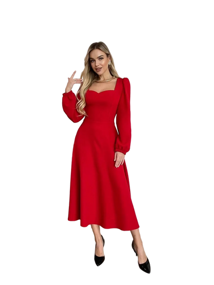 Red Midi Dress Sweetheart Neckline Puff Long Sleeves Elegant Evening Dress