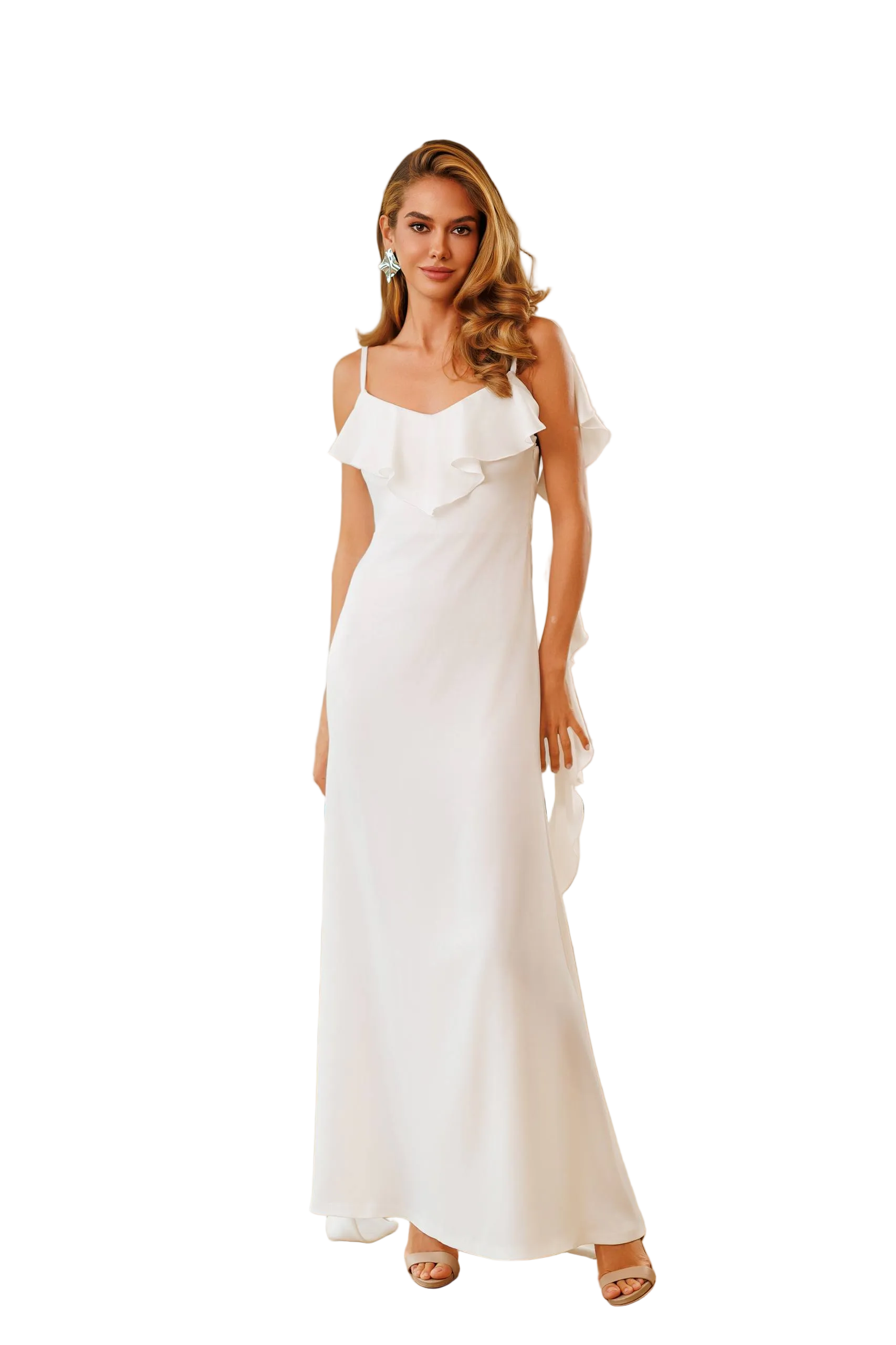 Satin Spaghetti Strap Ruffle Neckline Slip Dress Maxi Evening Gown