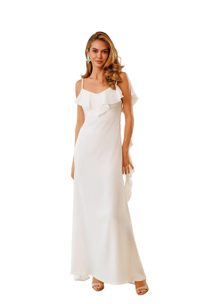 Satin Spaghetti Strap Ruffle Neckline Slip Dress Maxi Evening Gown