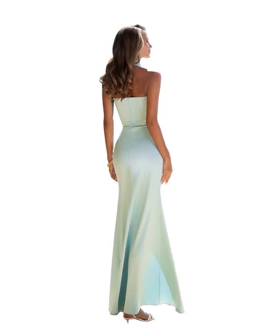 Mint Satin Mermaid Evening Dress Halter Neck Floor Length