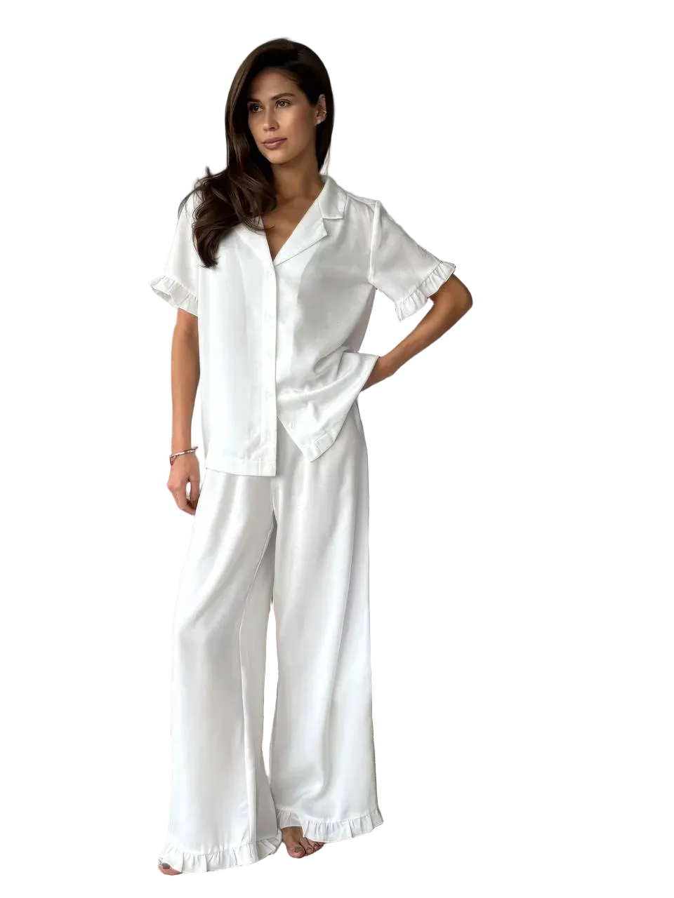 Woman wearing a white outfit on a white background