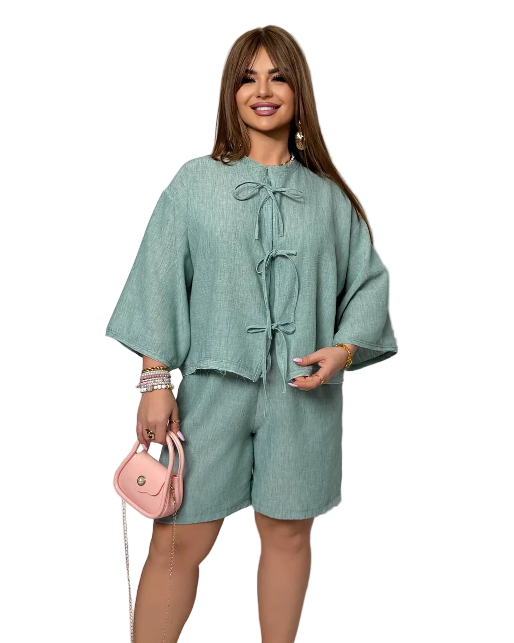 Mint Green Linen Blend Two Piece Set Women Oversized Kimono Top High Rise Shorts Summer Outfit