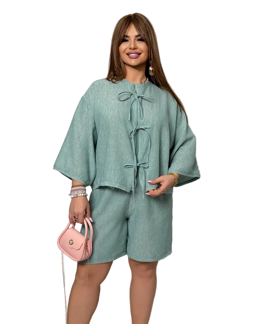 Mint Green Linen Blend Two Piece Set Women Oversized Kimono Top High Rise Shorts Summer Outfit