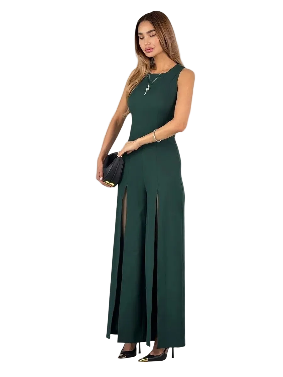 Emerald Green Palazzo Jumpsuit Wide Leg Front Slits Evening Jumpsuit
