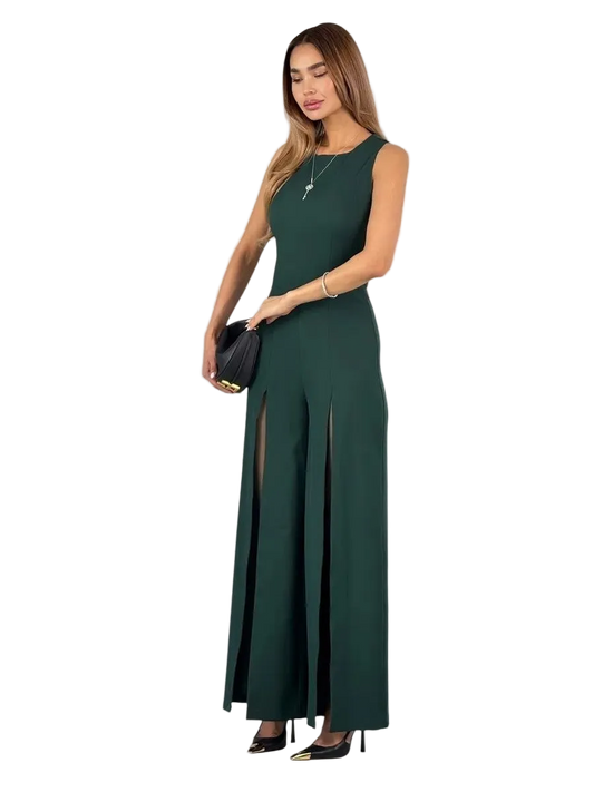 Emerald Green Palazzo Jumpsuit Wide Leg Front Slits Evening Jumpsuit