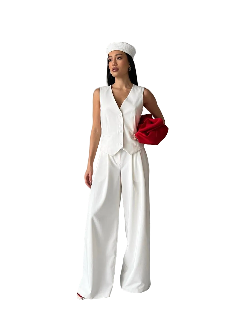 White Crepe Womens Vest and Wide Leg Trousers Suit