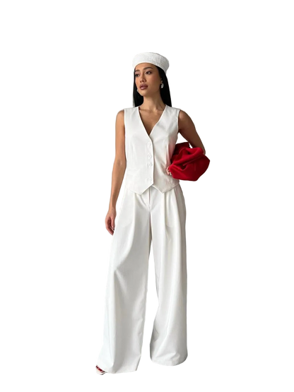 White Crepe Womens Vest and Wide Leg Trousers Suit