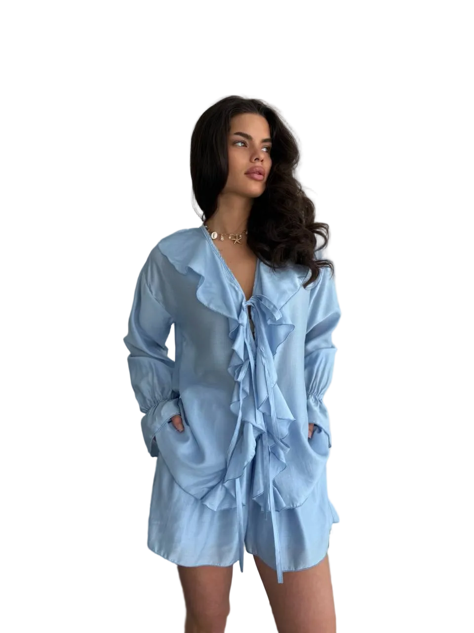 Light Blue Tencel Ruffle Blouse and Shorts Set Women Summer Outfit