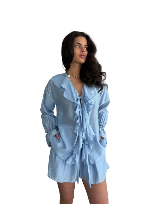Light Blue Tencel Ruffle Blouse and Shorts Set Women Summer Outfit