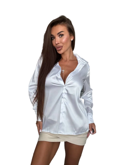 White Silk Blouse Women Long Sleeve Satin Button Up Shirt