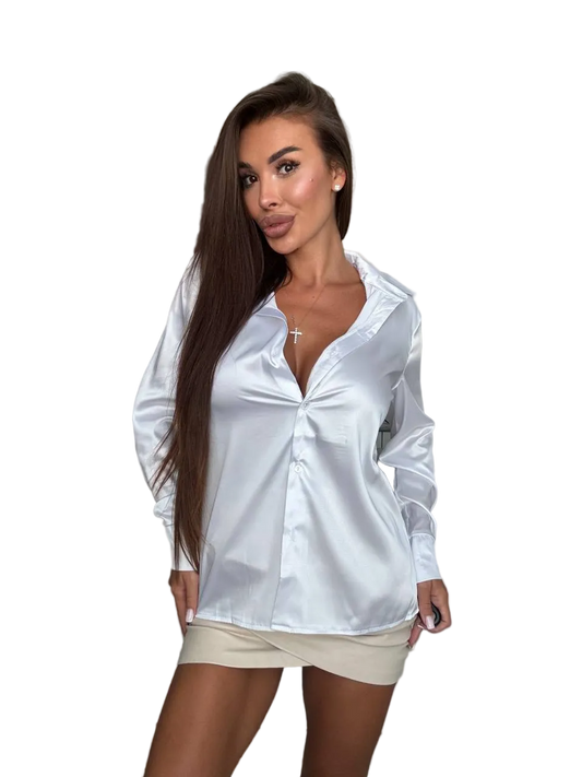 White Silk Blouse Women Long Sleeve Satin Button Up Shirt