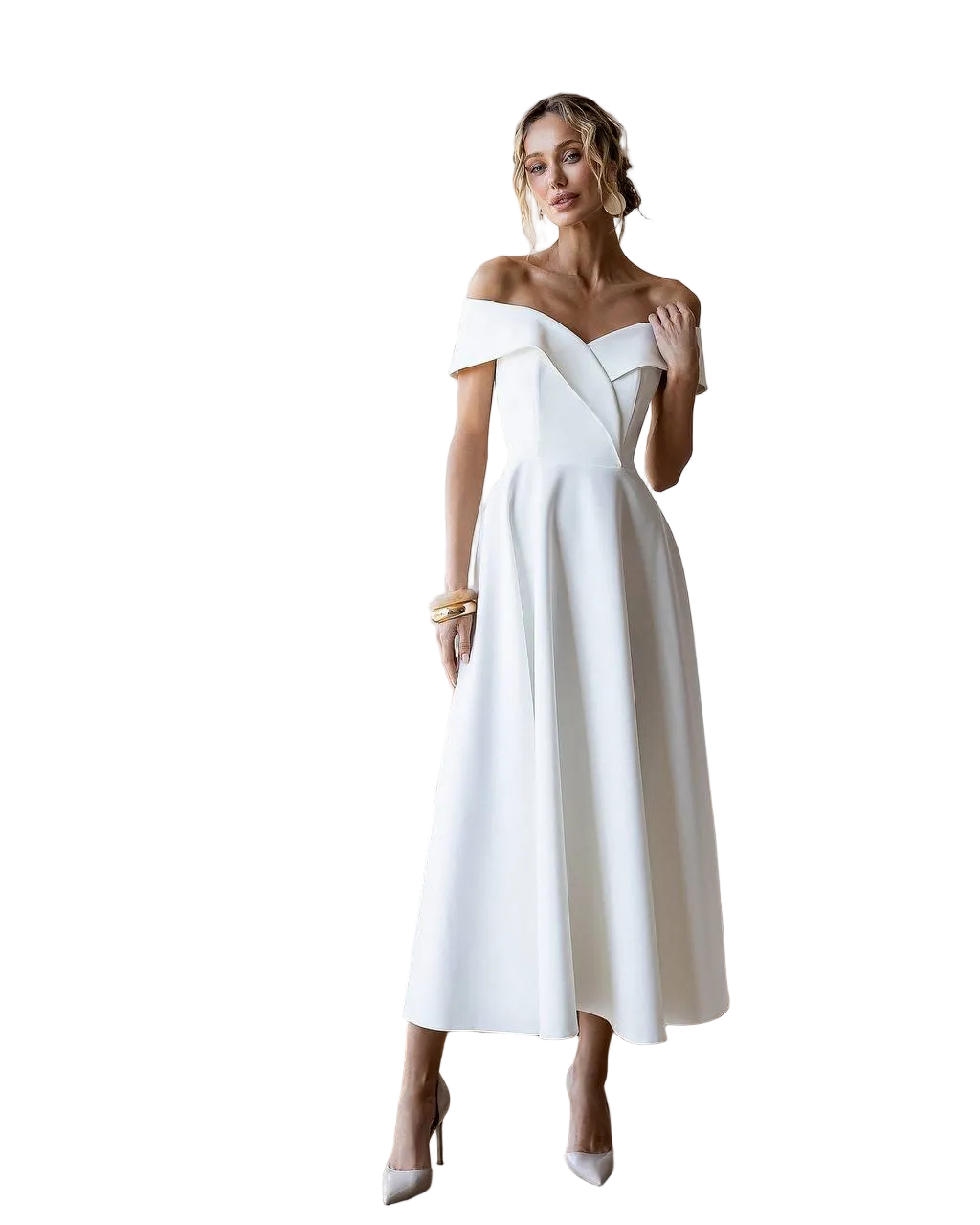 Off Shoulder Cream Midi Dress Premium Suiting Fabric Elegant A Line