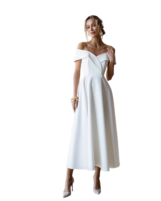 Off Shoulder Cream Midi Dress Premium Suiting Fabric Elegant A Line