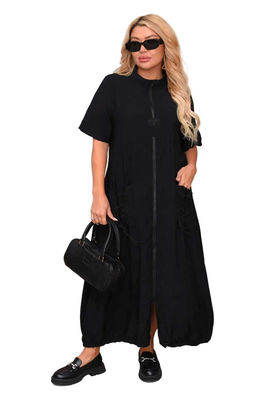 Black Crinkled Linen Maxi Dress with Front Zip Pockets and Drawstring Back