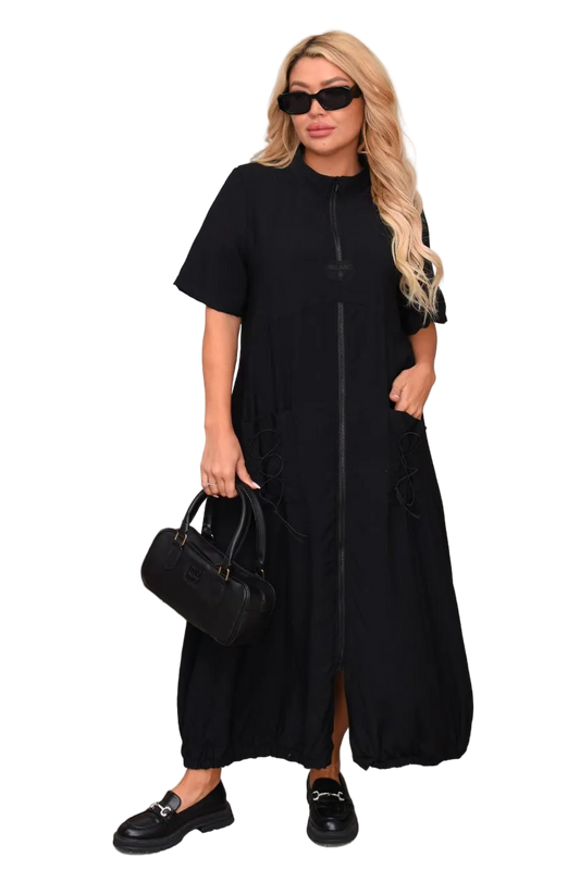 Black Crinkled Linen Maxi Dress with Front Zip Pockets and Drawstring Back