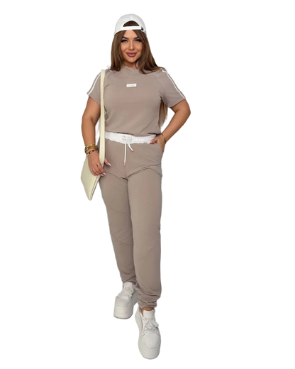 Beige Women Tracksuit Two Piece Set Tricot Double Knit Casual Athleisure