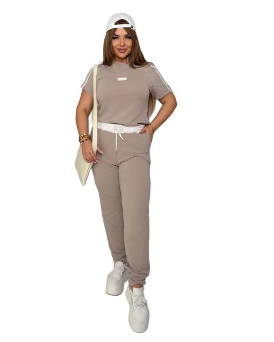 Beige Women Tracksuit Two Piece Set Tricot Double Knit Casual Athleisure