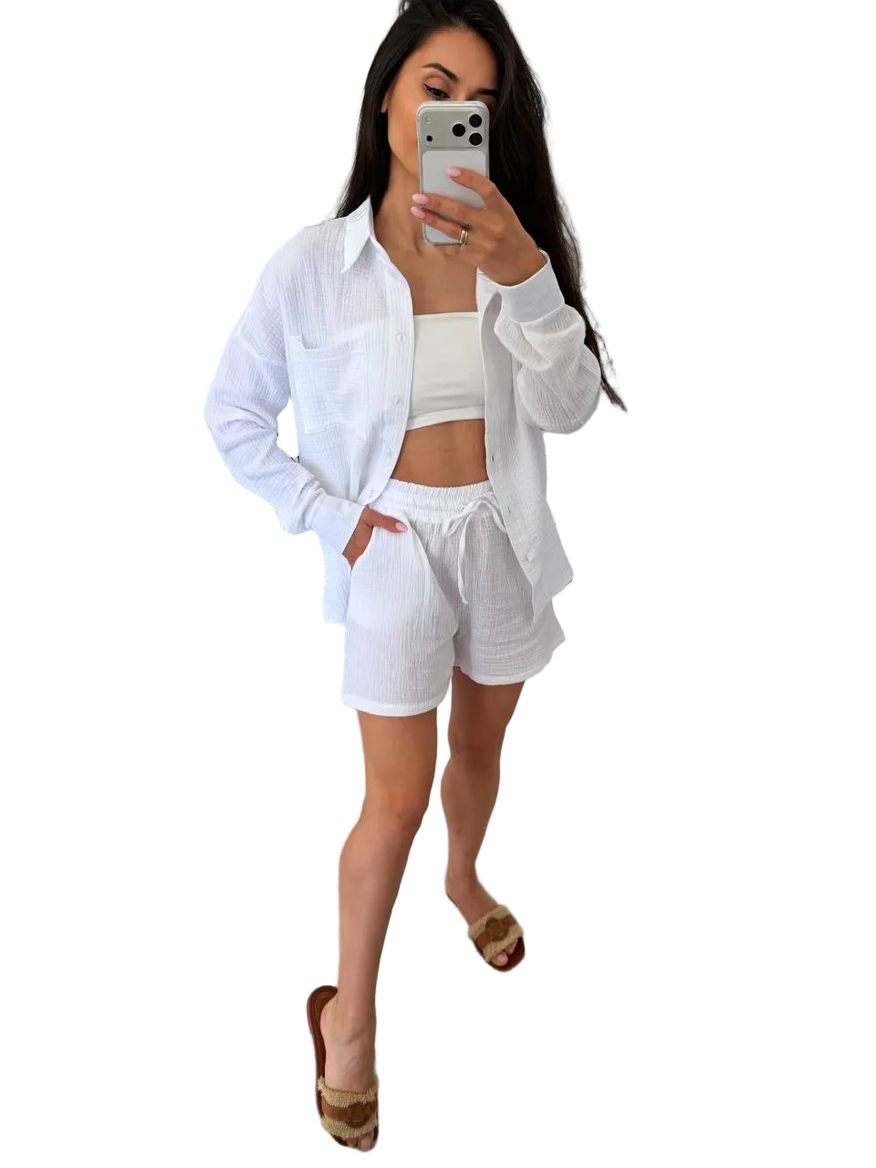 Womens Muslin Two Piece Suit White Shirt and Shorts Summer Set