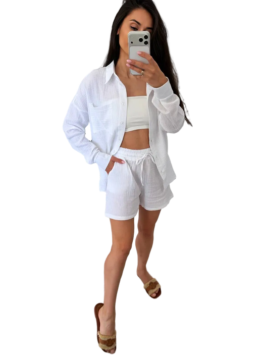 Womens Muslin Two Piece Suit White Shirt and Shorts Summer Set