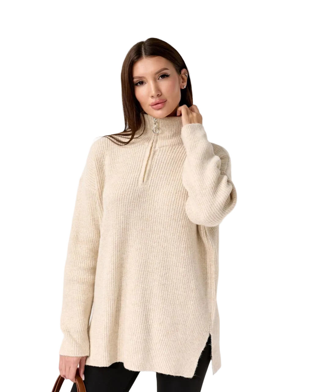 Beige Oversized Wool Blend Sweater with Zip Mock Neck and Side Slits