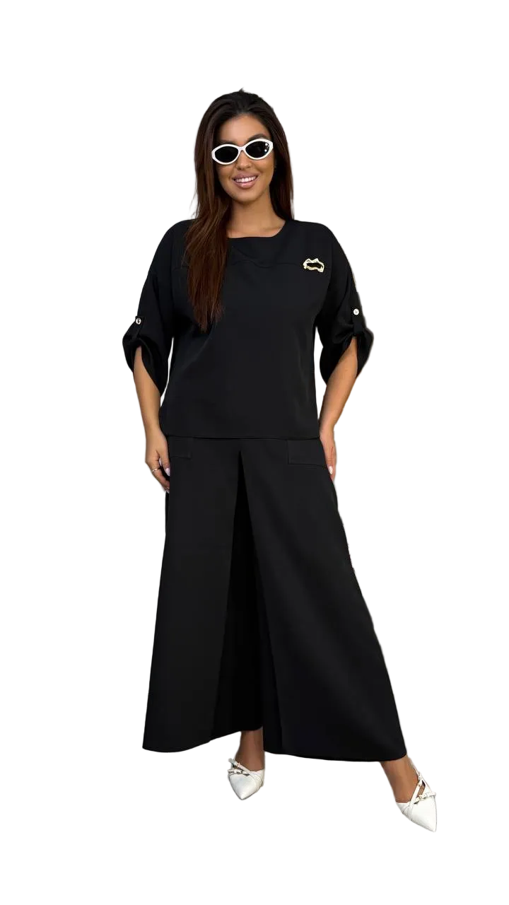 Black Two Piece Women Suit Blouse Skirt Pants Loose Fit Boat Neck Seven Eighth Sleeve